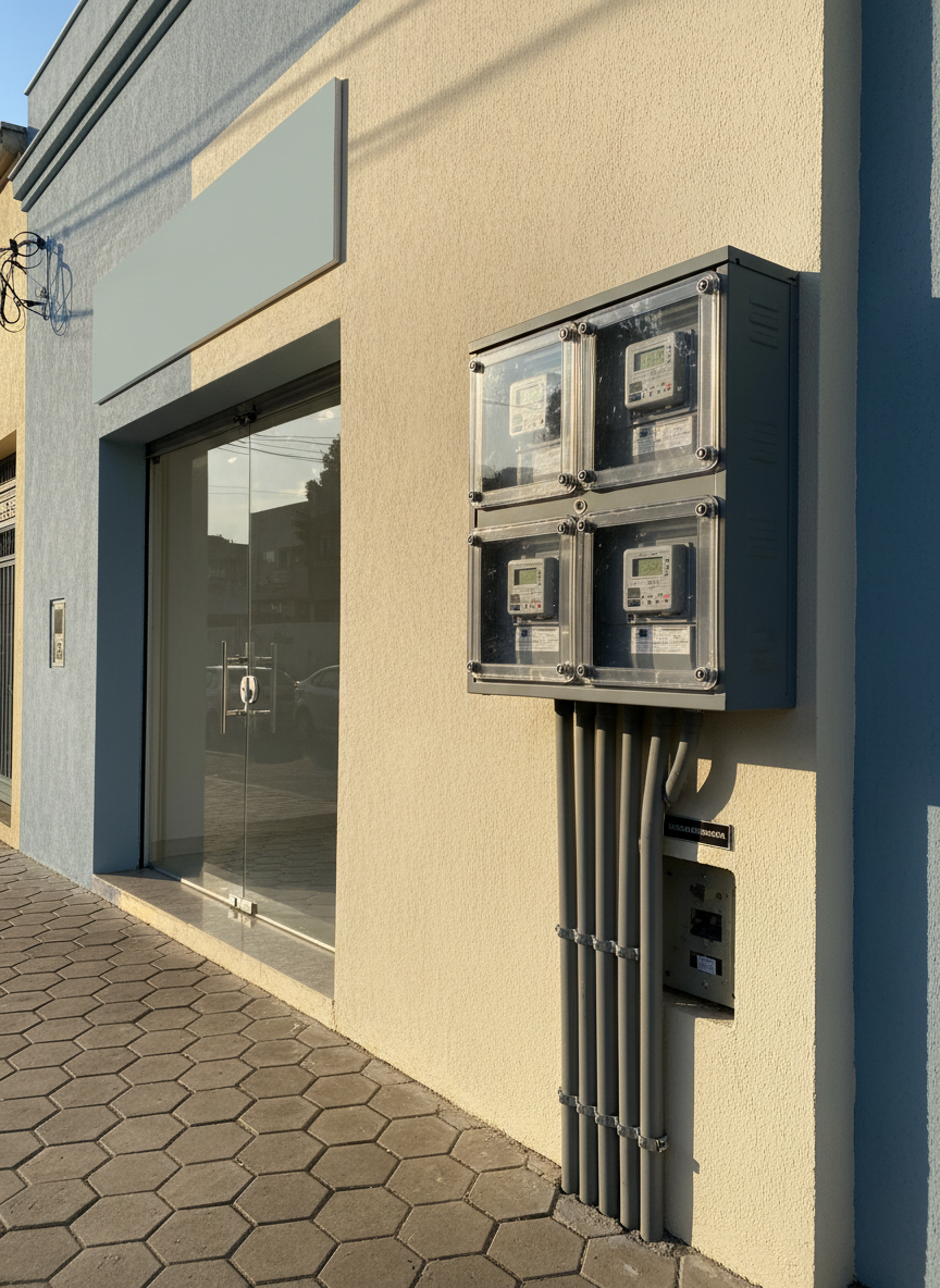 An organized small commercial fachada in Belo Horizonte with a prominently featured padrão Cemig de energia installed on the side wall: a robust, anti-vandalism cabinet housing multiple meters, each clearly visible behind impact-resistant transparent covers. Conduits emerge cleanly from below, transitioning neatly into the building’s internal distribution board. The façade shows fresh paint, clean signage space, and a tiled sidewalk in front. Captured in warm morning sunlight casting gentle directional shadows that highlight the relief of conduits and cabinet edges. Photographic, clean and modern aesthetic, shot at eye level using the rule of thirds so the padrão occupies the primary focal area while storefront details remain in soft focus. Atmosphere of trust, professionalism, and regulatory compliance.