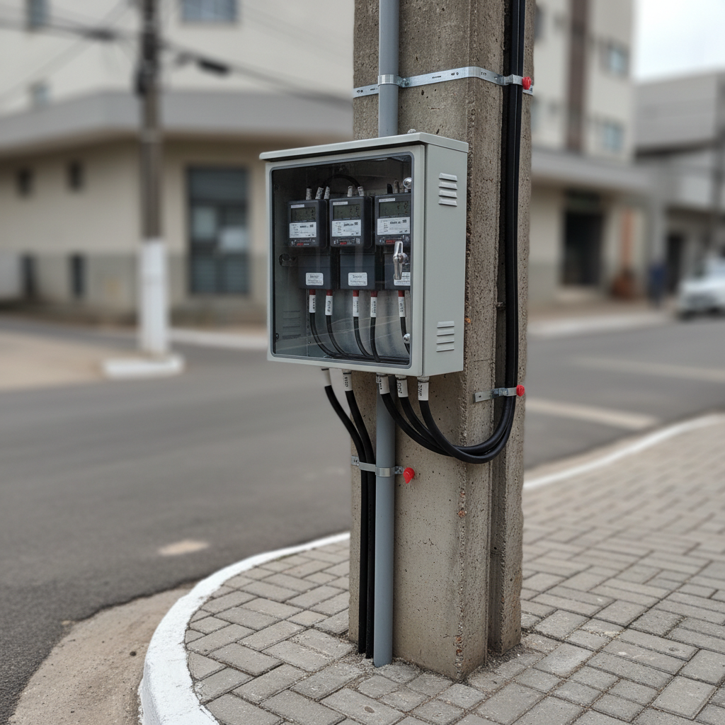 A close-up of a high-quality padrão Cemig trifásico installation on a sturdy concrete padrão post, featuring three digital energy meters aligned perfectly inside a weatherproof gray metal cabinet with transparent polycarbonate front. Thick insulated conductors are carefully routed through rigid PVC conduits, all connections labeled and sealed, demonstrating textbook compliance. The setup stands on a small paved area near a curb in an urban Belo Horizonte street, with buildings hinted in soft focus. Diffused overcast daylight creates even lighting, eliminating glare while revealing textures of metal, plastic, and concrete. Photographic realism with a slightly elevated angle and shallow depth of field, conveying precision, safety, and technical excellence for a professional energy standards service.